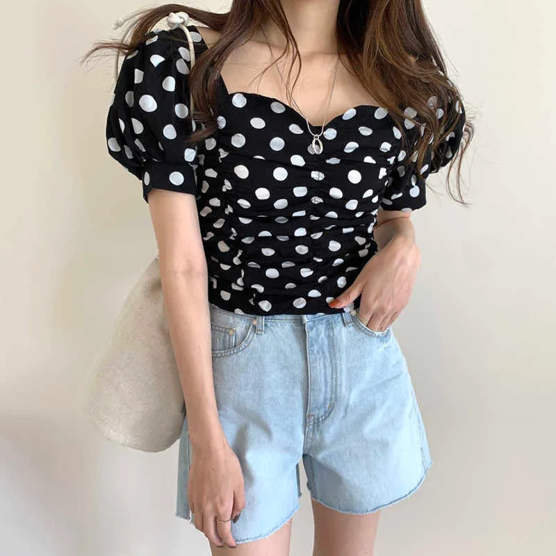 Korjpaa Kvinnor Sommar Sommar Korea Chic Square Neck Pläterad Polka Dot Puff Sleeve Skjorta Hög midja Straight Blue Denim Pants 210526