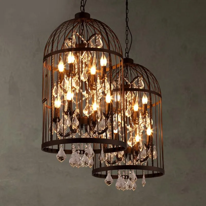 Pendant Lamps Retro Crystal Bird Cage Chandelier Black Iron Art Personalized Clothing Store Cafe Decoration Hanging Lamp E14 Bulb 240D