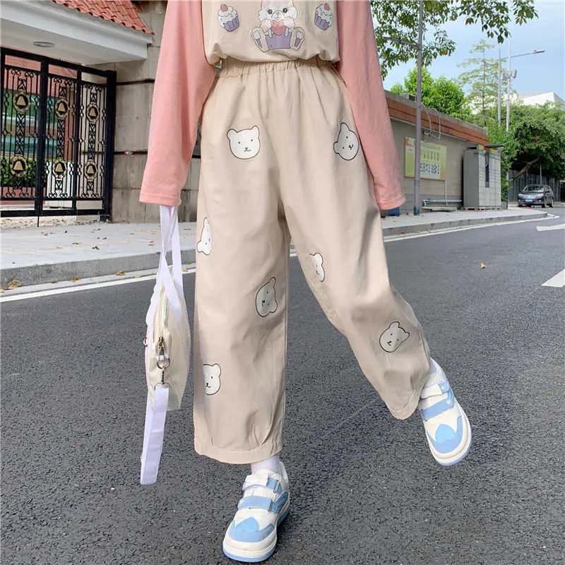 Japoński Kawaii Soft Girl Cute Bear Printing Kobiety Spodnie Base Wild High Paist Luźne Spodnie Elastyczne Casual Student Pant 210925