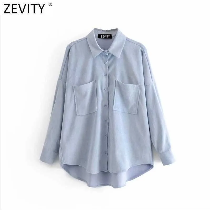 Zevity المرأة أزياء جيوب التصحيح عارضة فضفاض كودري بلوزة مكتب سيدة غير النظامية قميص شيك قميص blusas قمم LS7394 210603