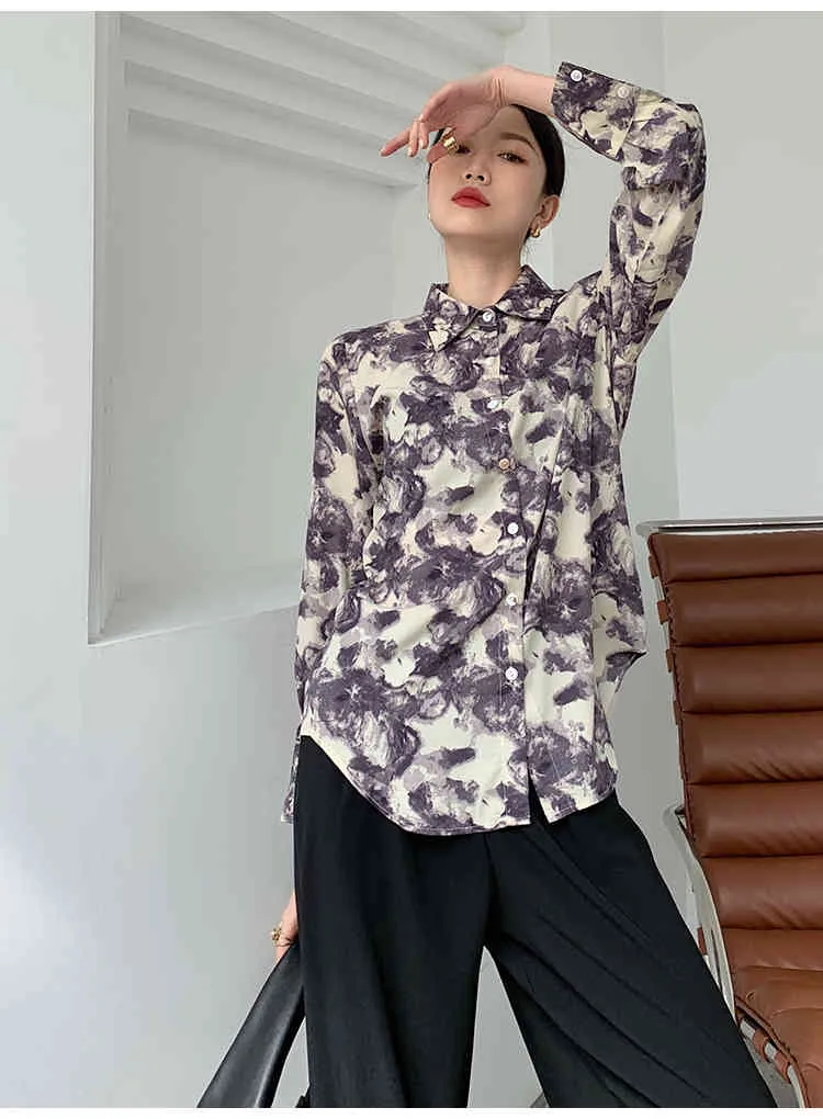 Vintage violet imprimé fleuri à manches longues femmes hauts et chemisiers boutonné col chemise coréenne mode vêtements 210427