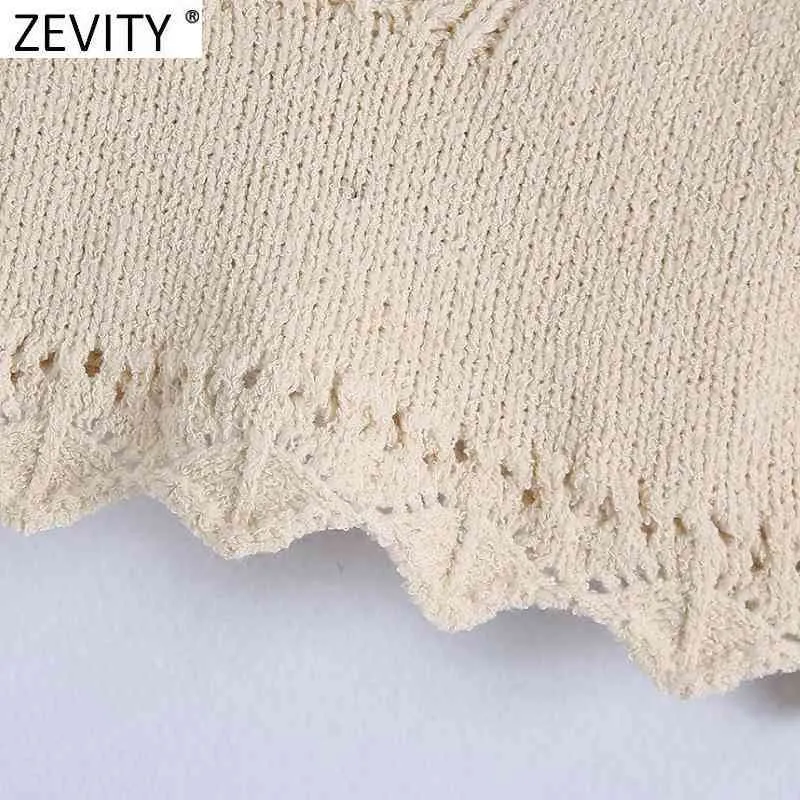 Zevity femmes mode col en V Jacquard Crochet tricot pull femme basique Spaghetti sangle vague court gilet Chic Crop hauts SW812 210419