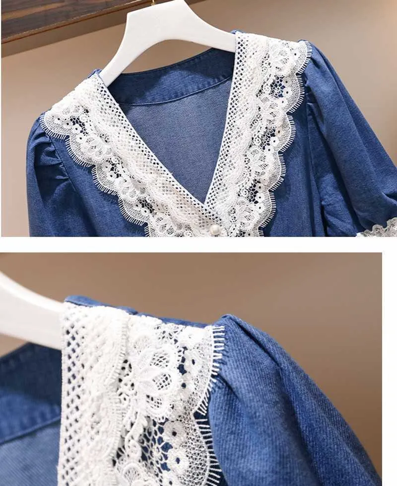 Coux de dentelle d'été Denim V-colmes Fashion Puff Restro Blue Blue Denim Robe plissée du genou 210531