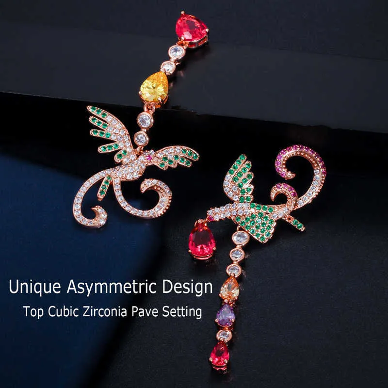 Unik Multi Red Green Cubic Zirconia 585 Rose Gold Long Phoenix Drop Dangle Örhängen för Kvinnor Bröllopsfest CZ086 210714