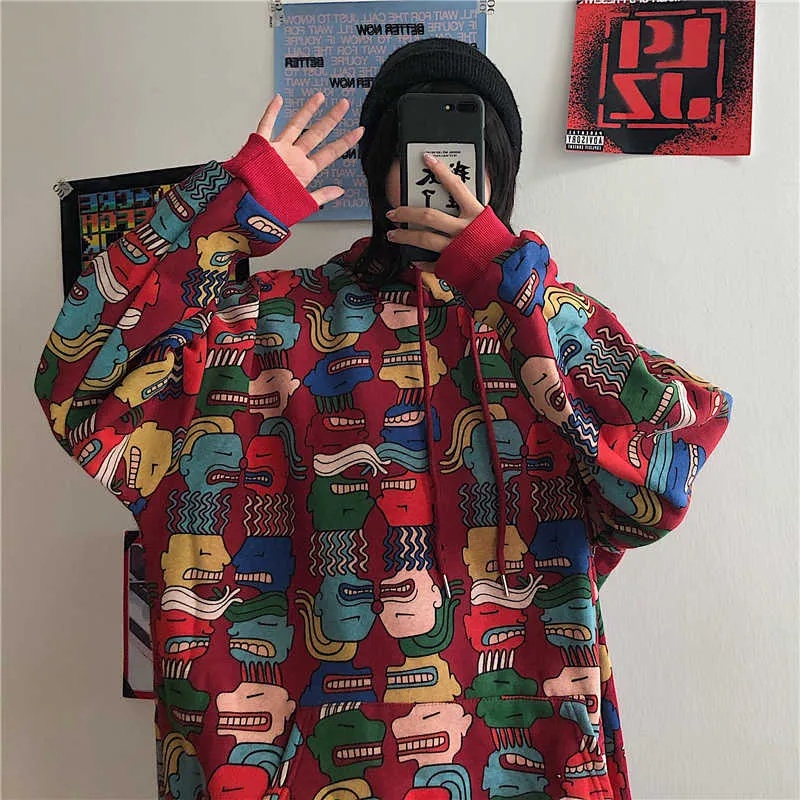 Rood Print Sweatshirt Dames Gothic Hoodies Oversized Hoodie Harajuku Kpop Hood Hooded Losse BF Student Coat Wait Mo Streetwear 210805
