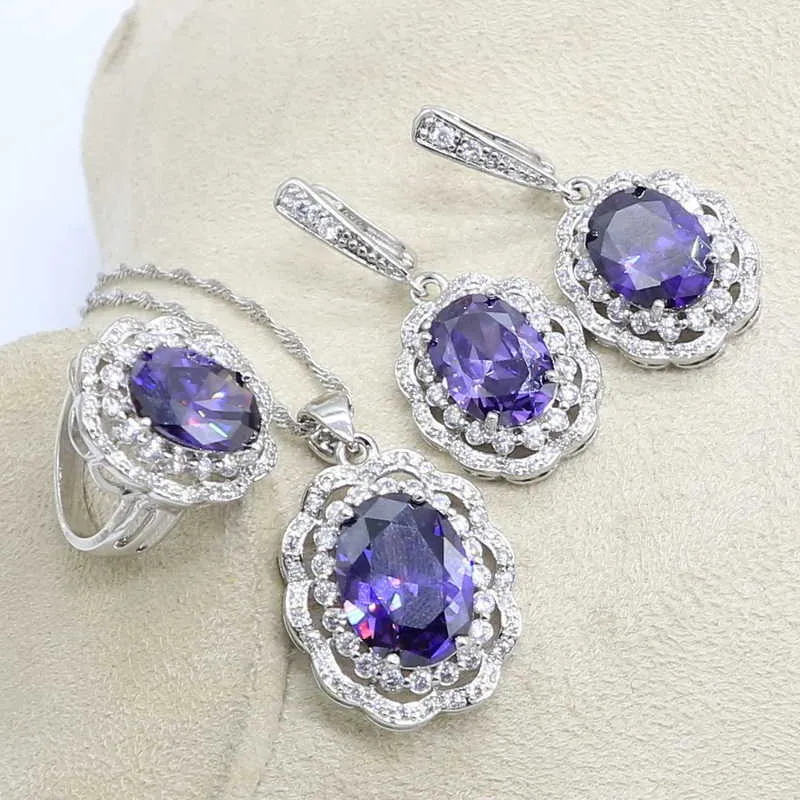 Ensemble de bijoux naturels de couleur violet argent pour femmes, Bracelet, boucles d'oreilles, collier, pendentif, bague, boîte-cadeau H1022