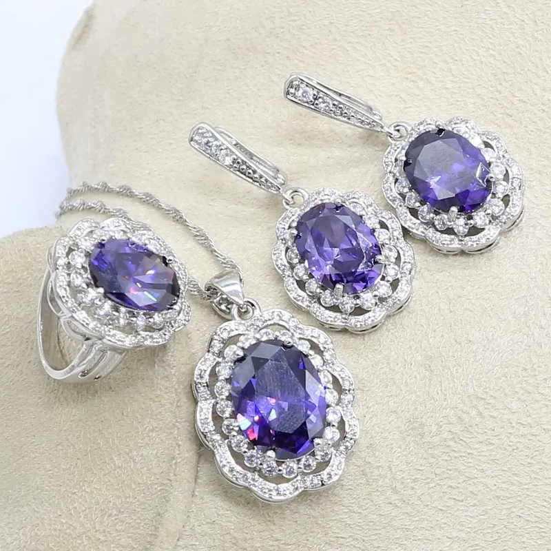 Purpurowy Silver Color Naturalny Biżuteria Zestaw Dla Kobiet Bransoletka Kolczyki Naszyjnik Wisiorek Pierścień Pudełko H1022