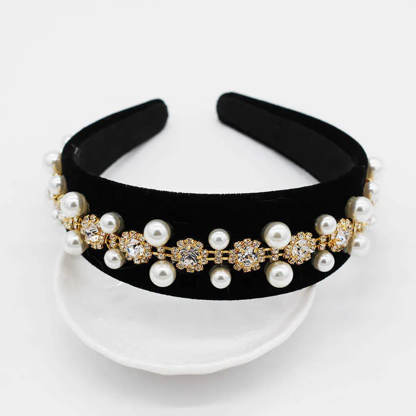 Diadema con personalidad de lujo salvaje negro de moda barroca nueva diadema barroca con círculo completo de perlas geometría retro accesorios para el cabello diadema X0722