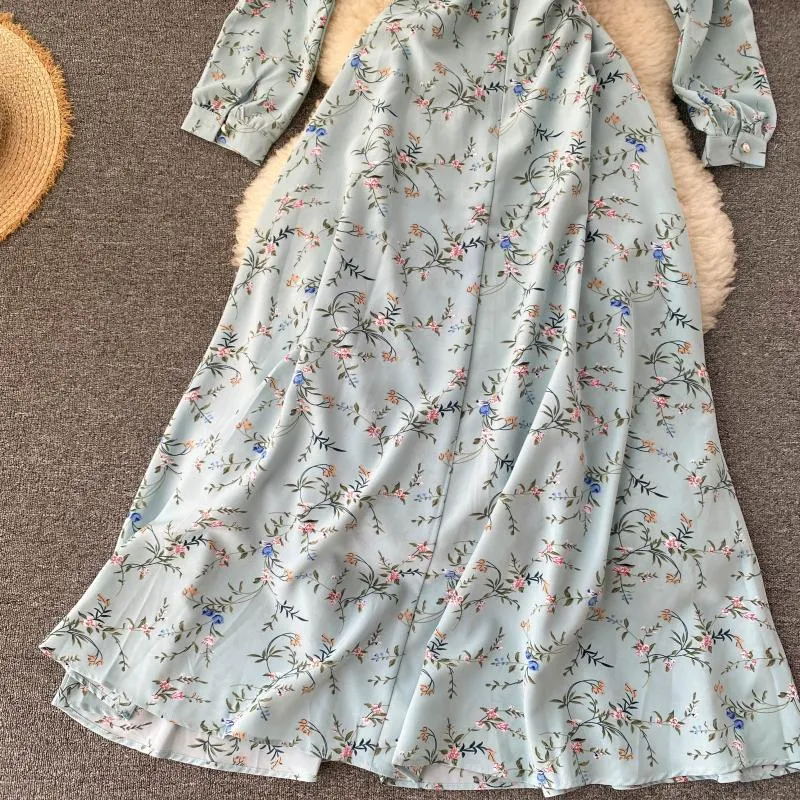 Women French Blue Floral Maxi Dress Autumn O Neck Hollow Long Sleeve A-line Dress Boho Print Elegant Holiday Long Robe 210419