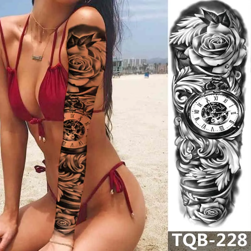 Bras complet tatouage temporaire manches autocollants fleur horloge et Animal temporaire Badyart pour hommes femmes adultes faux tatouages