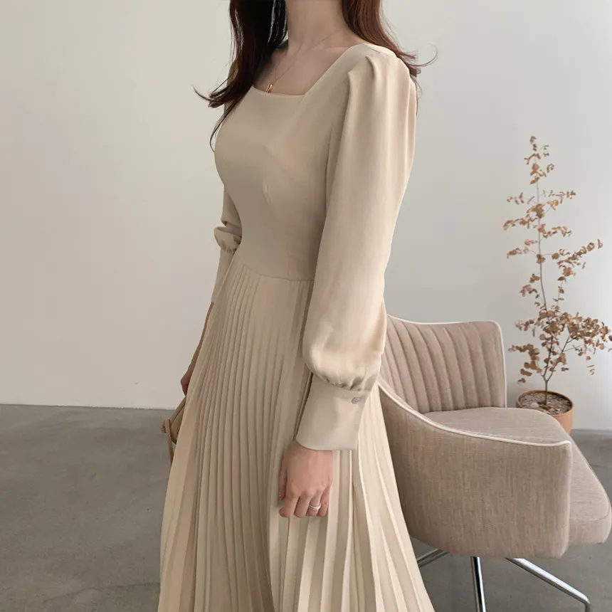 Autumn Korean Women Dress Elegant Long Sleeve Tunic Slim Square Collar Pleated Dresses Pink Beige Vestido De Festa 210513