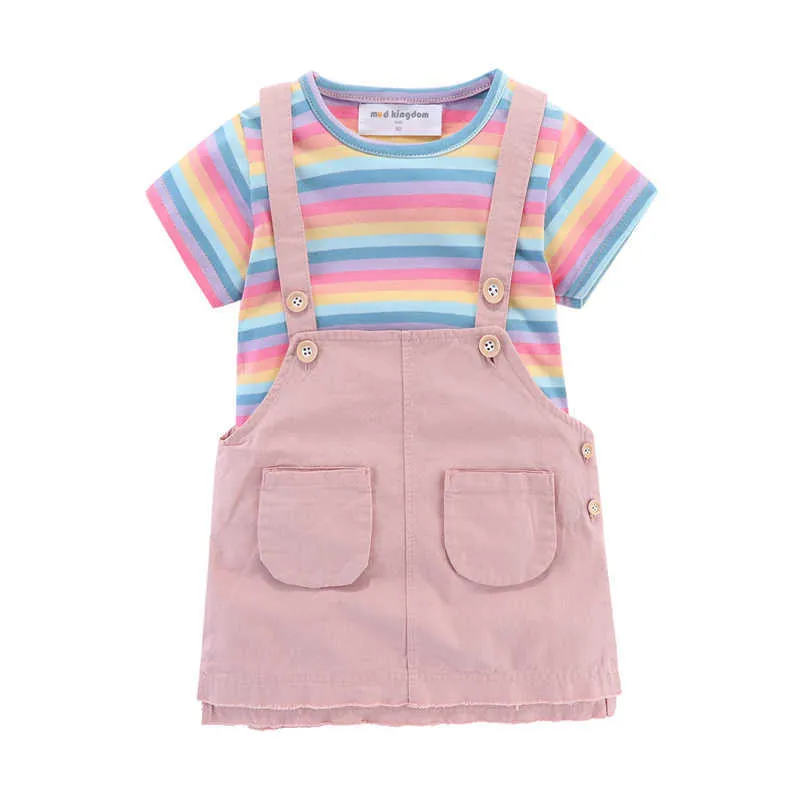 Mudkingdom Yaz Toddler Kız Kıyafetler Gökkuşağı Şerit Tee Ve Chino Jumper Etek Bebek Kız için Set Sevimli Giysi Takım Elbise Pembe 210615