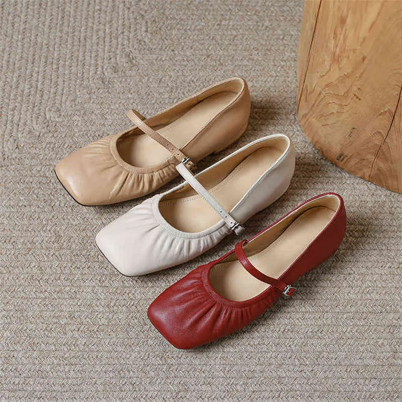 Mary Jens – chaussures plates en cuir pour femmes, avec boucle et pointe carrée, saison printemps-automne, vin rouge 220209