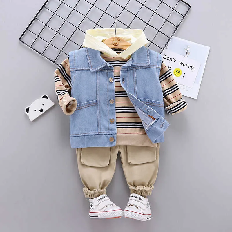 Vår Höst Baby Boys Tjejer Bomull Kläder Barn T-shirts Denim Vest Hoodies Byxor 3st / set Outfit Kids Toddler Casual Sets X0902