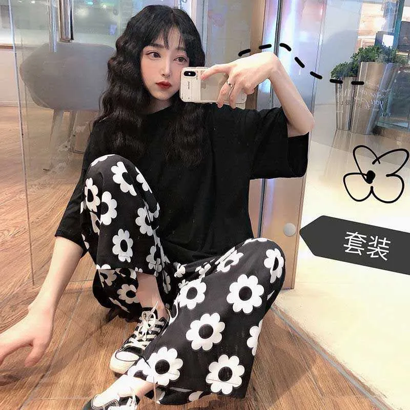 Ita Style Automne Coréen Ulzzang Harajuku Personnalité Hip Hop Street Fleur Imprimer Lâche Pantalon à jambes larges Cheville-Leng 210721