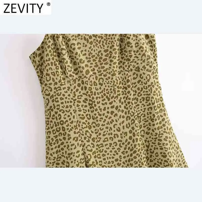 Zevity Women Sexy Leopardプリント裾のフリルスリングミニドレス女性シックサイドジッパーヴェスティド夏のビーチドレスDS8321 210419