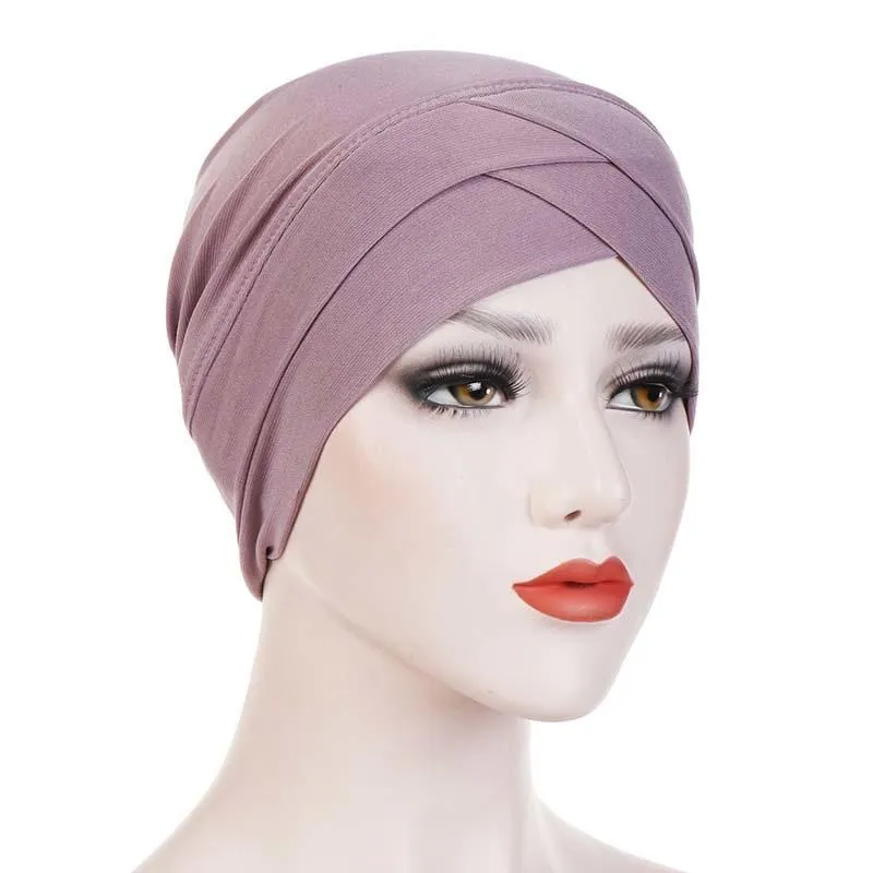 Turban musulman croisé sur le front, Hijabs intérieur en coton extensible de couleur Pure pour casquettes, prêt à porter pour femmes, foulard sous Bonnet