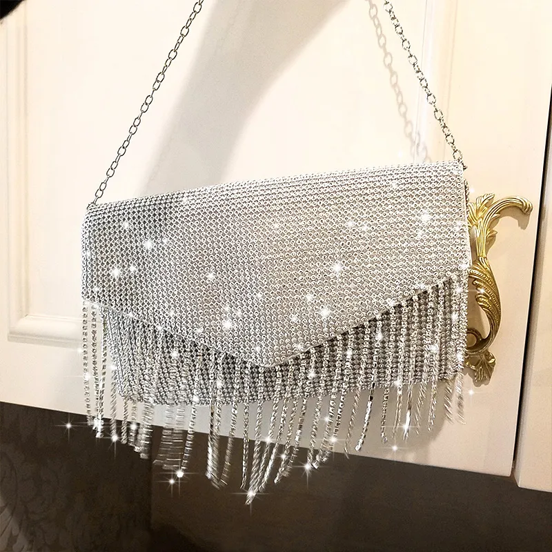 Bolso de mano con sobre de diamantes plateados para mujer, bolso de noche para boda, diseño de bolso, cadena con borla, hombro 226B