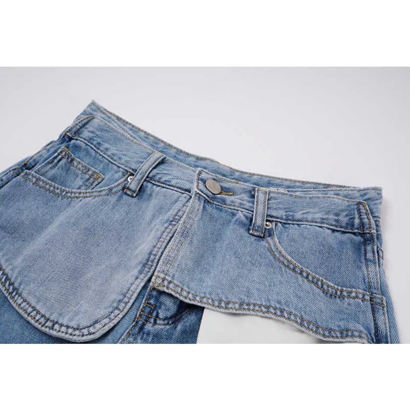 [DEAT] Kvinnor Sommar Mode Wide Ben Byxor Hög midja Solid Färg Oregelbundet Temperament Denim Shorts 13Q448 210527