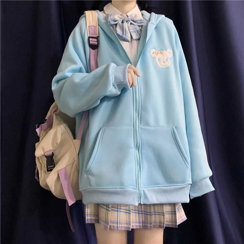 二足タウンカワイイパーカー女性冬のファッション韓国風バニーコートスウェットシャツ長袖かわいいプラスサイズジッパーアップパーカー210805