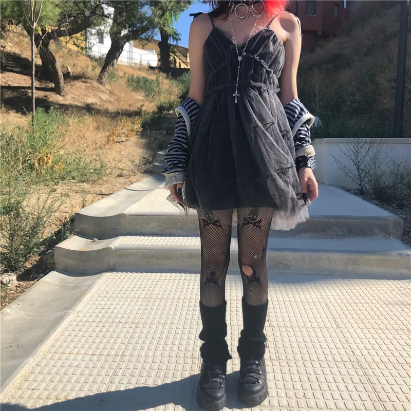 Altgirl Dark Gothic Mesh Dres Fairy Grungeヴィンテージパンクストラップレスハイウエストドレス原宿モールゴーテエモALT Partywear 220311