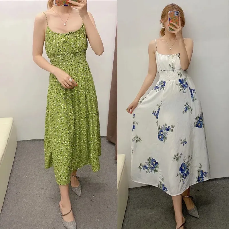 Женщины цветочные принты летнее платье шифон мода эластичная бюст подкладка внутри ремешка спагетти середины длинных платьев 210429