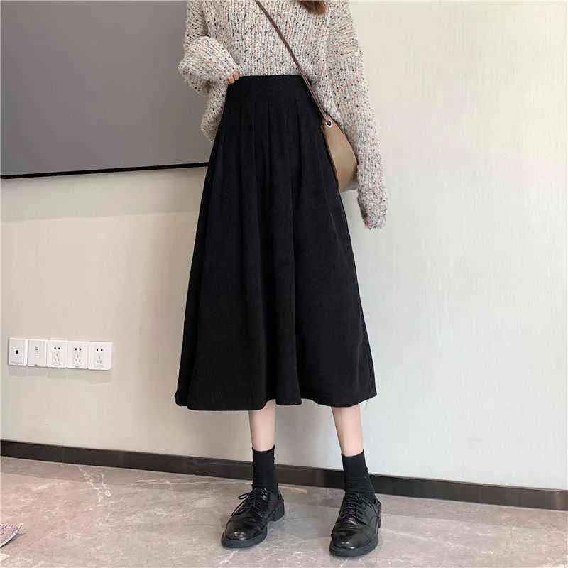 Houzhou Vintage Corduroy Jupes longues Femmes Automne Hiver Mode coréenne Marron Noir Élégant Taille haute A-Line Jupe midi 211120