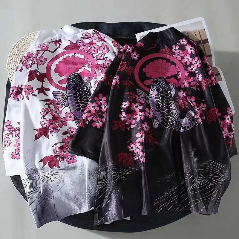 Feynoz Black Kimono Cardigan Women Men Japanese Obi Male Yukata Men Haori Japanese Wave Carp Print Coat Traditional Japan X0723