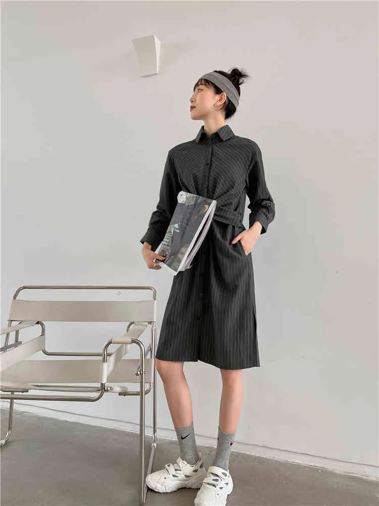 秋の縞模様の長袖シャツのドレス女性ビンテージボタンアップ包帯チュニック襟ファッション服210427