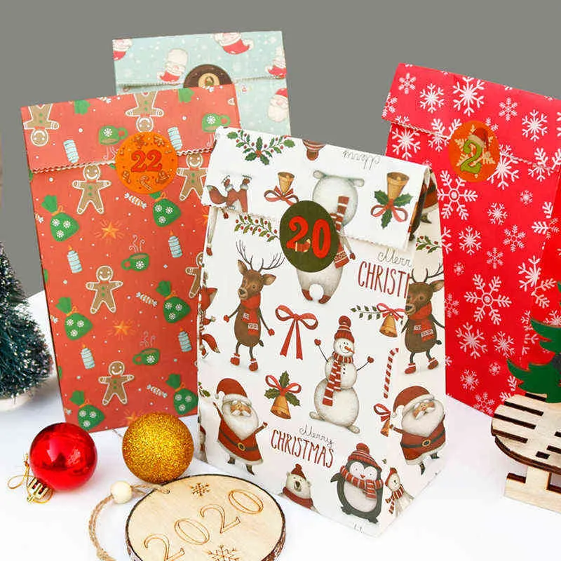 24 jours de Noël calendrier de l'avent sacs ensemble sac cadeau de Noël en papier avec des autocollants bricolage pochettes de stockage de bonbons Navidad décoration 211104