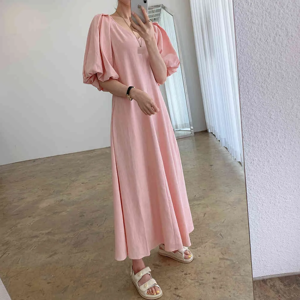 Sommar Elegant Kvinnors Rosa Mixi Klänning Koreansk Kläder Tillfälligt Solid V-Neck Lantern Sleeves Bandage Kvinna Vestidos 210514