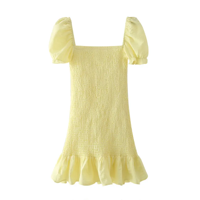 Été Jaune Texturé Volant Mini Robe Femmes Mode Slim Élastique Smocké Club Femme Manches Courtes Robes 210430