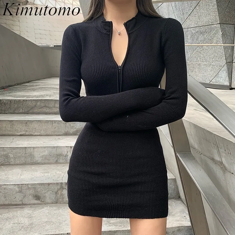 Kimutomo Frauen Schwarze Gestrickte Mini Kleid Chic Mode Frühling Herbst Weibliche Oansatz Solide Zipper Schlank Langarm Kleider 210521