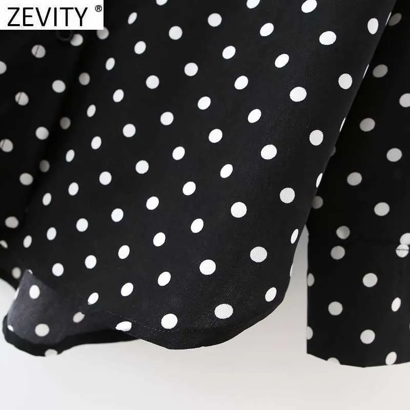 Zeefity Dames Polka Dots Print Casual Black Smock Blouse Office Lady Single Breasted Chiffon Shirt Chique Blusas Tops LS7613 210603