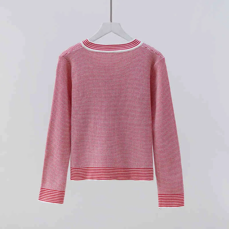 Spring Summer Short Sweater Cardigan Women Single Breasted Fashion Pink Green Striped Knitting Tops High Street Vintage Crop Top 210514