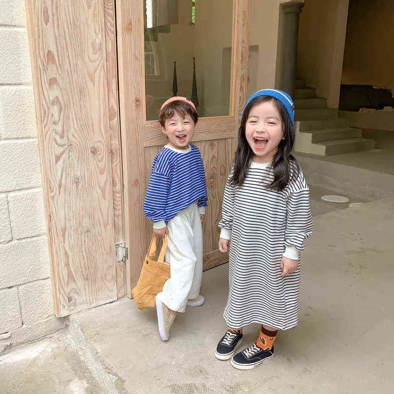 Otoño hermano y hermana casual rayas manga larga sudaderas niños top corto niñas vestido 220115