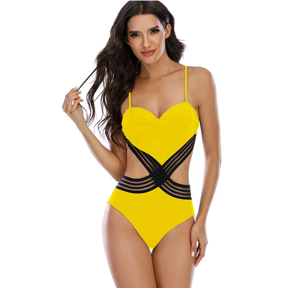 Сексуальный купальник Push Up Купальники женские пэчворки Bandeau Mesh Backbloble Monokini Beachwear высокая талия дамы купальный костюм 210604