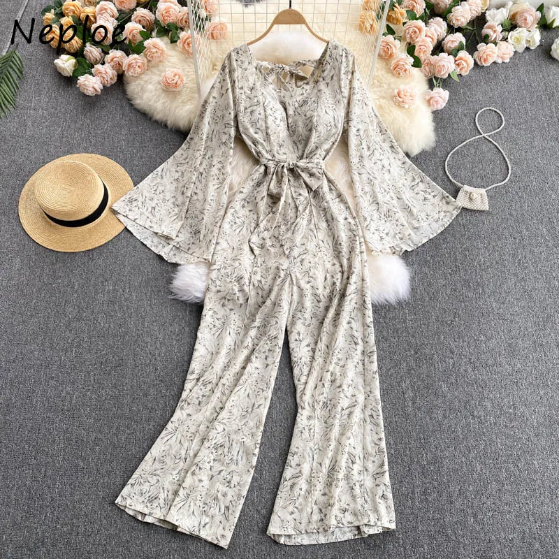 Neploe semestertryck Bohemian Jumpsuits Kvinnor Hög midja Hip Sashes Wide Leg Bodysuits V Neck Flare Långärmad Playsuits Sommar 210510