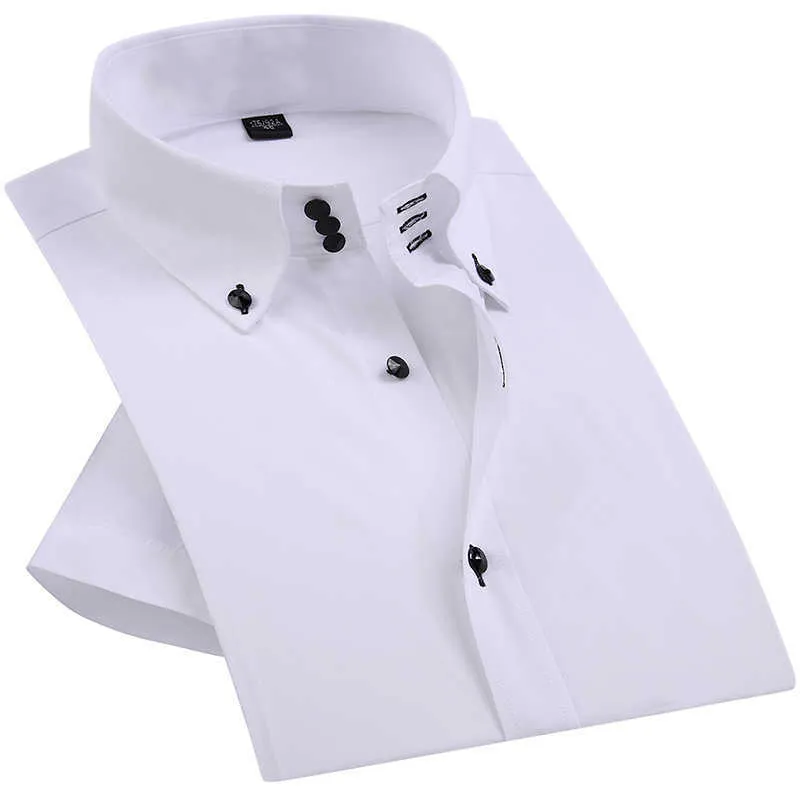 Sommar mens klänning skjorta diamantknappar avslappnad vit kortärmad lyx hög krage smal passform stilig affär 210714