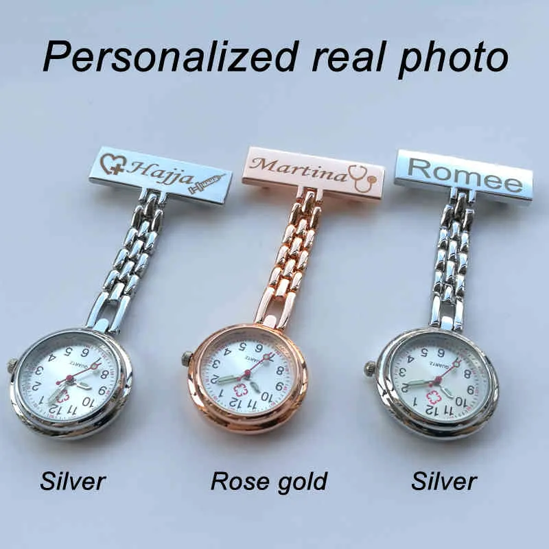 Personalisierte angepasste angepasste mit Ihrem Namen Edelstahl Revers Pin Brosche Qualität Roségold Fob Krankenschwester Watch226f