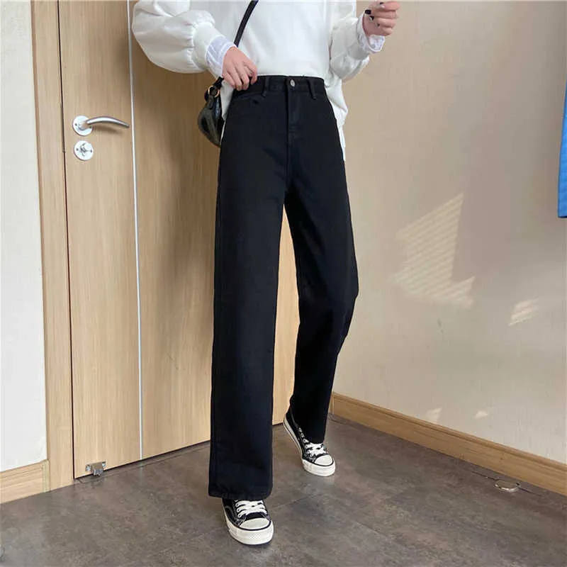 Aelegantmis Jeans a vita alta a gamba larga Donna Pantaloni larghi in denim bianco vintage Pantaloni casual neri dritti Streetwear Korea Chic 210607