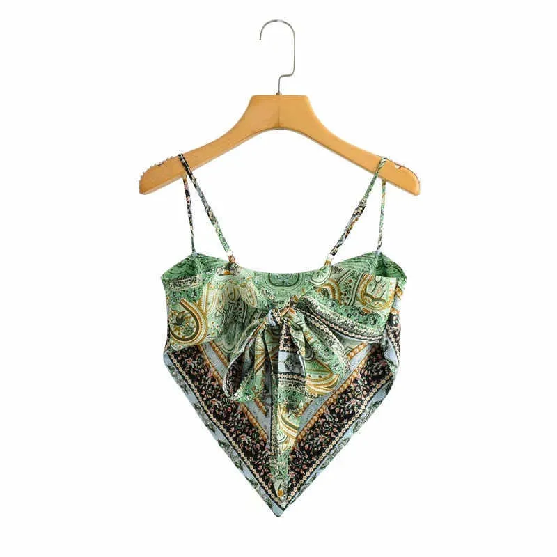 Puwd Casual Woman Green Slim Print Spaghetti Pasek Cropped Top Lato Sexy Damskie Backless Plaża Camisole Kobiet Chic Cysterny 210625