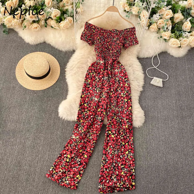 Neploe Sexy Slash Neck Shoulder Strapless Print Jumpsuits Women High Waist Hip Wide Leg Bodysuits Holiday Loose Playsuits Wild 210423