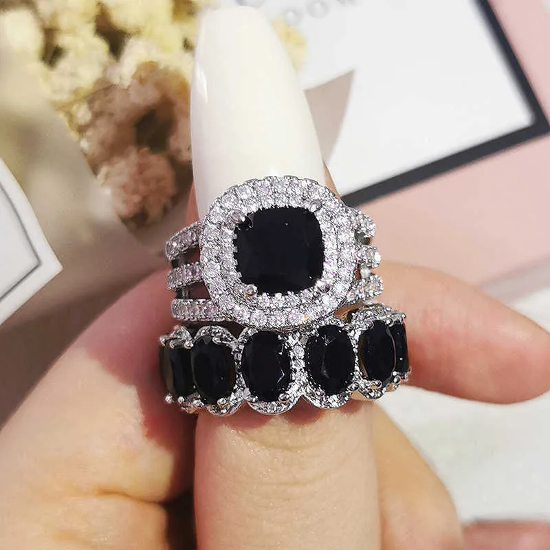 Cluster Rings Luxury Green Black Pink Silver Color Cushion Wedding Engagement Rings Ring Sets for Women Finger Pure Personalized Jewelry R5847 G230228