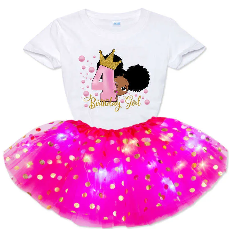 2021 Filles DrSets Party Casual DrBlack Africain Cheveux Bouclés Bébé Filles Manches Courtes T-shirt Imprimé + Lumineux DrSuits X0803