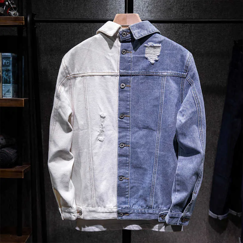 Erkekler Hip Hop İnce Mavi Beyaz Patchwork Pamuk Kot Ceketler Motosiklet Erkek Katı Rahat Streetwear Denim Ceket Artı Boyutu 5XL X0621