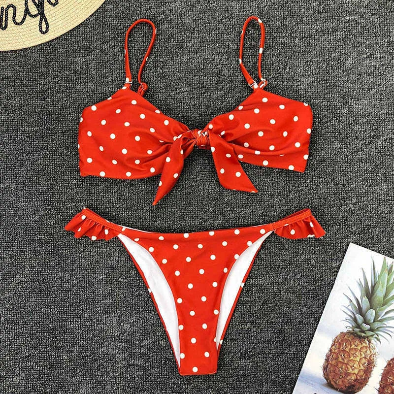 Ingaga Bikinis Mujer Sexy Ruffle Swimwear Mulheres Gravata Frente Swimsuit Polka Dot Imprimir Biquini Beach Wear Bathers Mau 210722