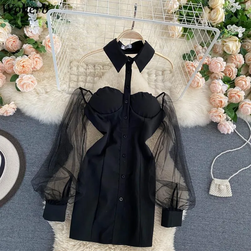 Woman Dress Turn-down Collar Gauze Patchwork Hollow Out Vestidos Sexy Lady Sweet Puff Sleeve Bodycon Mini Dresses 210519