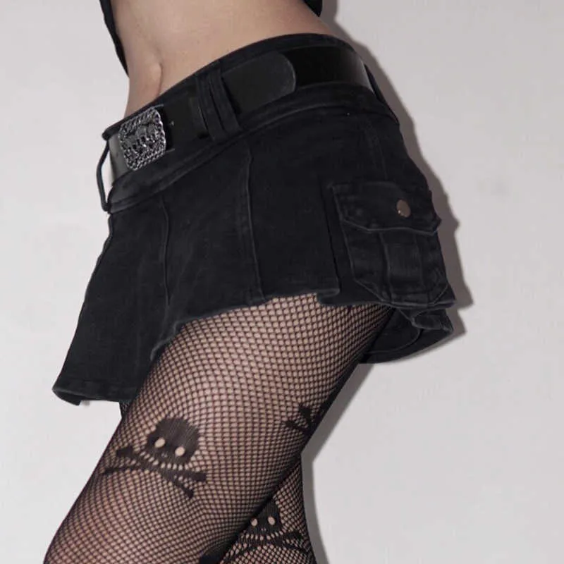 Altgirl hajuku y2k denim kjol kvinnor mörk gotisk streetwear mini kjol med skalle bälte goth punk grunge sexig emo clubwear 210611