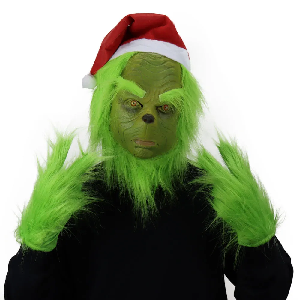 Masques de fête Fourrure verte Grinch Noël geek masque complet en latex GANTS HALLOWEEN drôle cosplay5865625